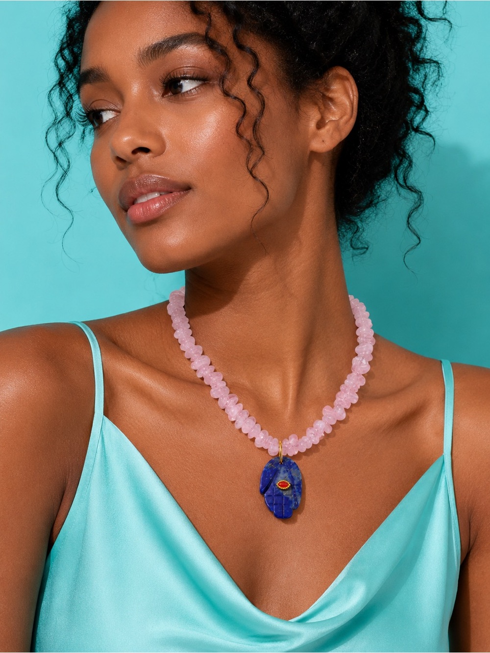 Rose Quartz Pink Bead Blue Lapis Hamsa Necklace